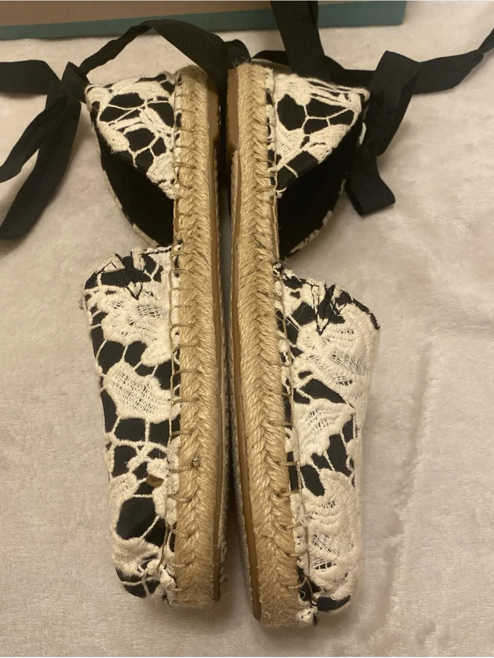 Toms Katalina Black and Ivory Crochet Floral Lace Ankle Tie Espadrilles